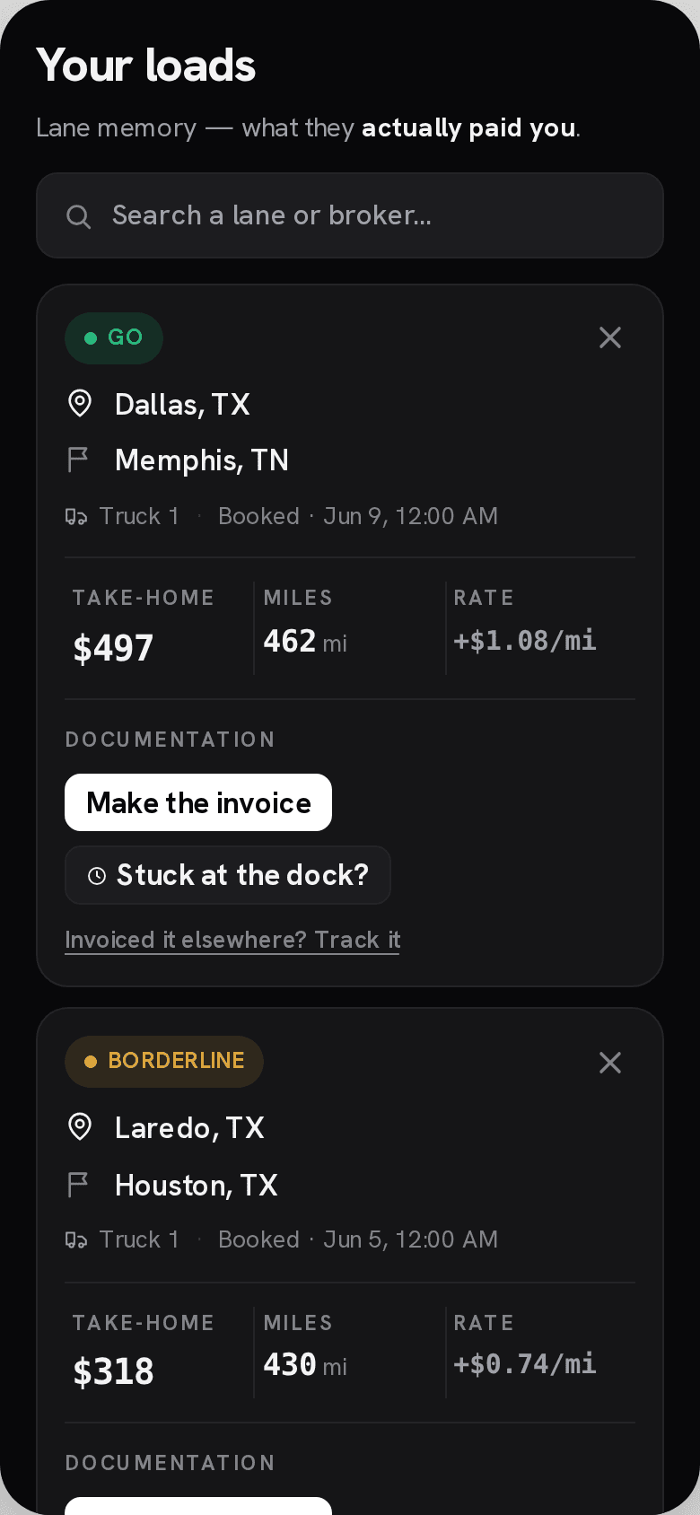 Sample load history in the TruckerProfits app, using seeded lanes