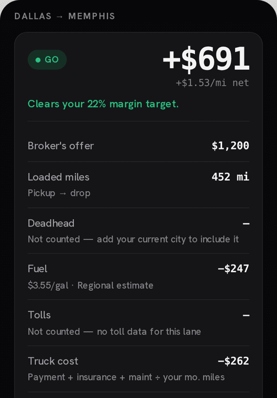 Sample score for a Dallas to Memphis load in the TruckerProfits app
